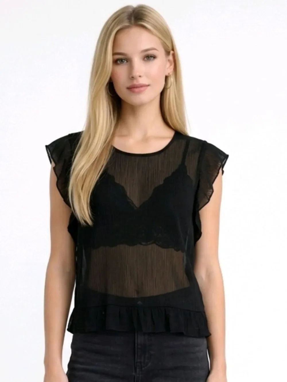 DKNY BlackโSheer Pleated Sleeve Blouse Size L